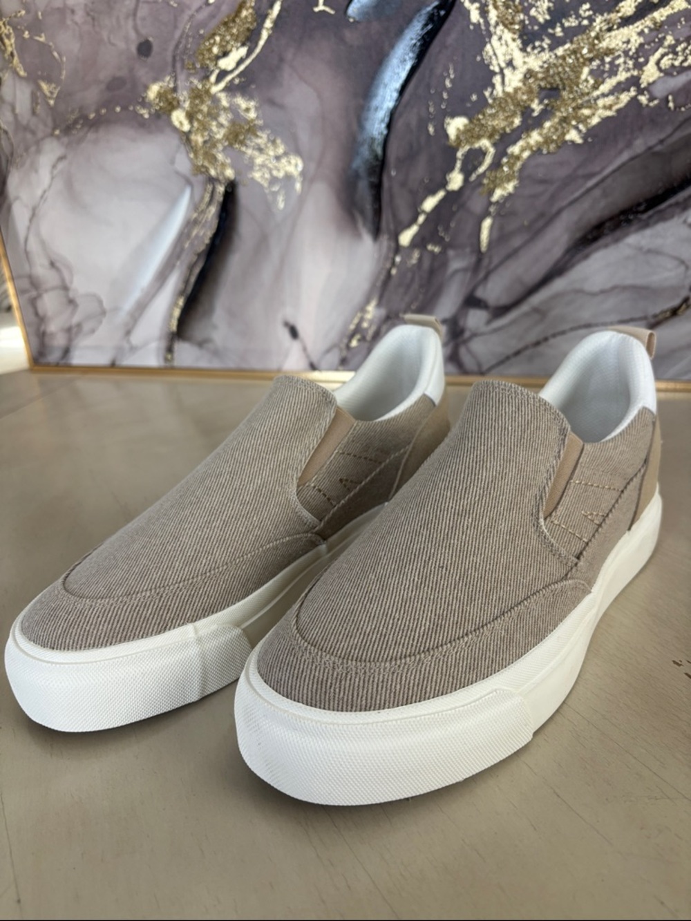 Men's Slip-On Canvas Loafers in Taupe with White Sole